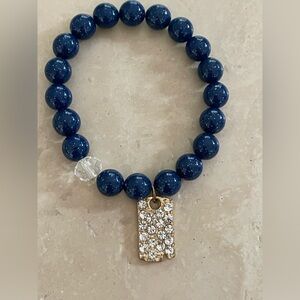 Lapis Bead Stretch bracelet with rhinestone charm